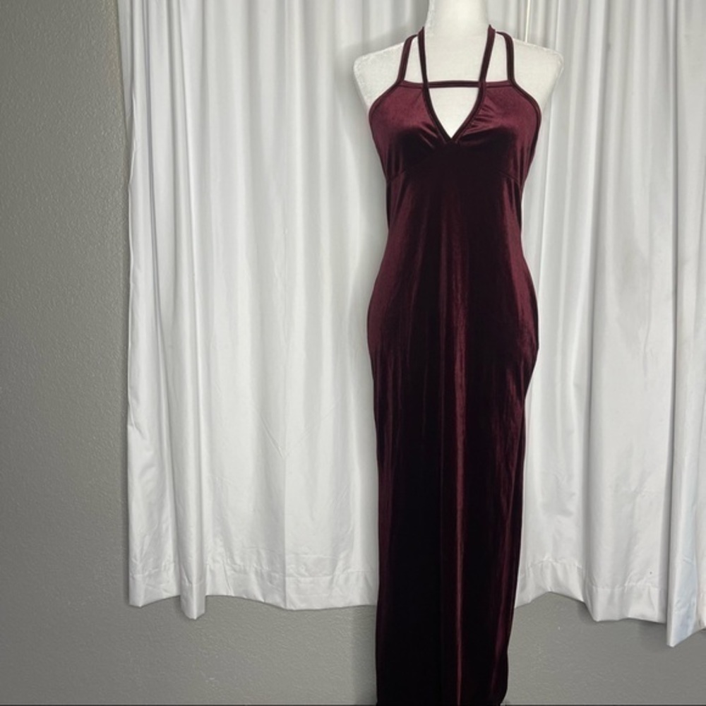 Fashion Nova Dark Burgundy Red Velvet Maxi Dress with High Slit
